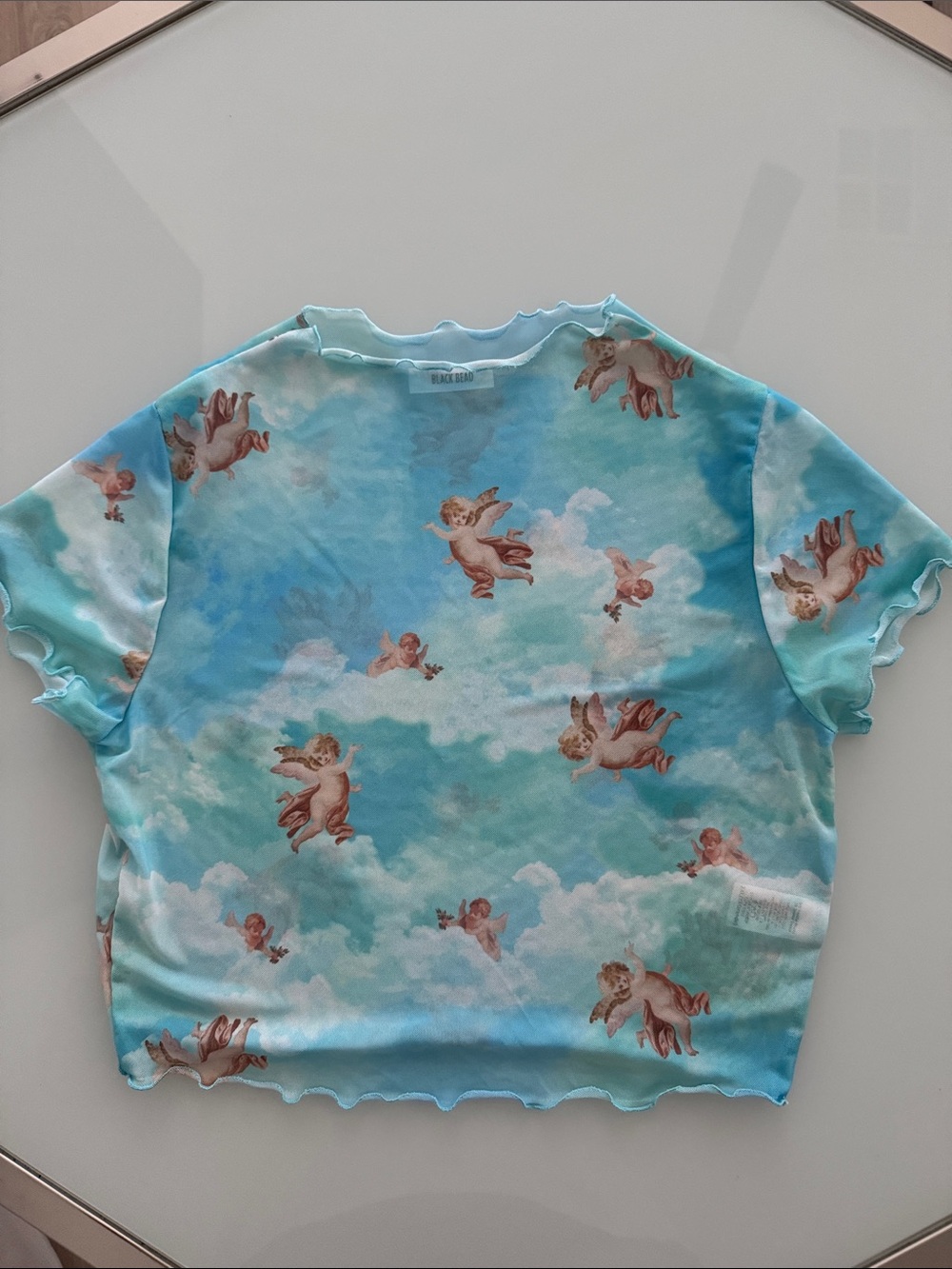 Black Bead Sky Blue Cherub Print Short Sleeve Top